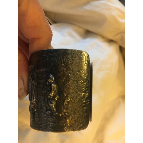 Vintage Hans Jensen Denmark Repousse Hammered Scene Silver Plated Cuff Bracelet - Picture 6 of 10